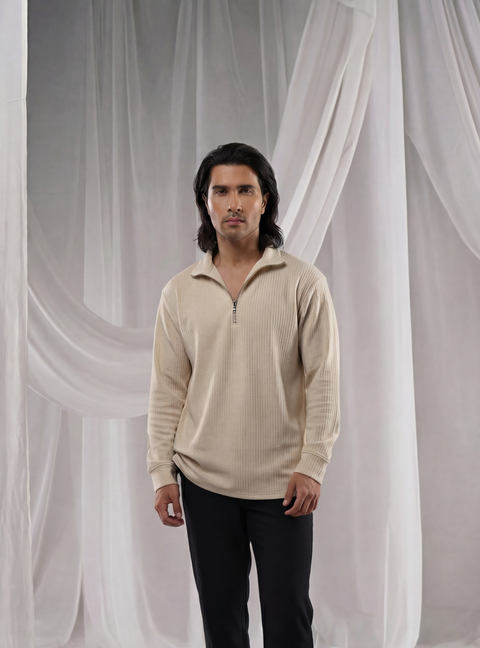 Beige Full Sleeves Quarter Zip
