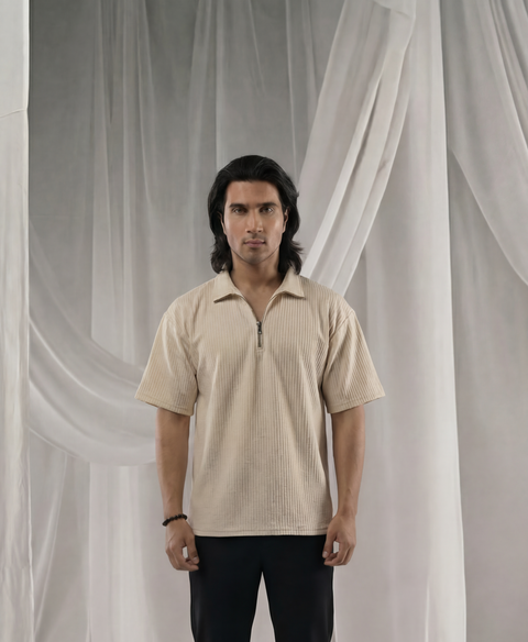 Beige Half Sleeves Quarter Zip