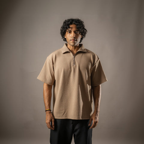 Brown Half Sleeves Quarter Zip