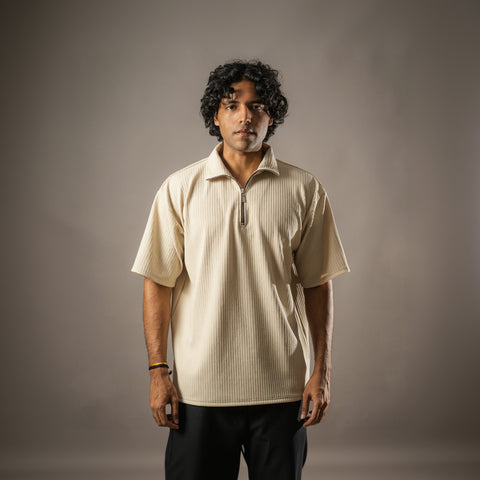 Beige Half Sleeves Quarter Zip