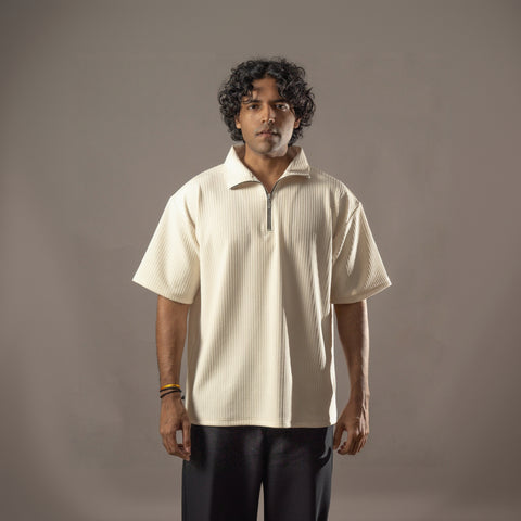 Cream Half Sleeves Quarter Zip