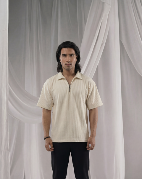 Cream Half Sleeves Quarter Zip