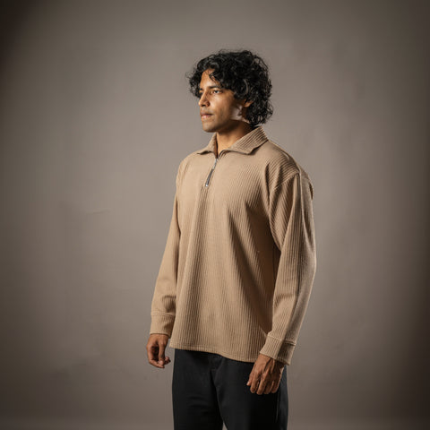 Brown Full Sleeves Quarter Zip