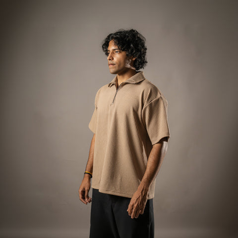 Brown Half Sleeves Quarter Zip