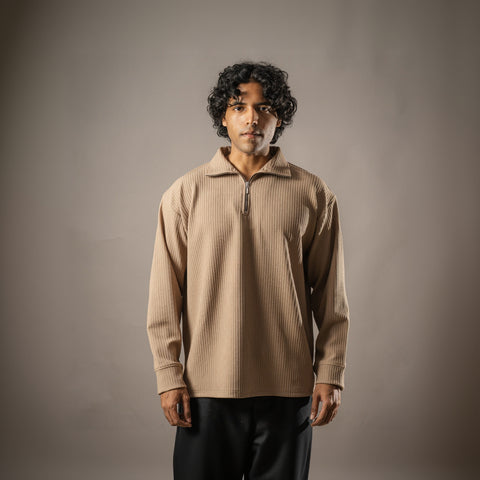 Brown Full Sleeves Quarter Zip
