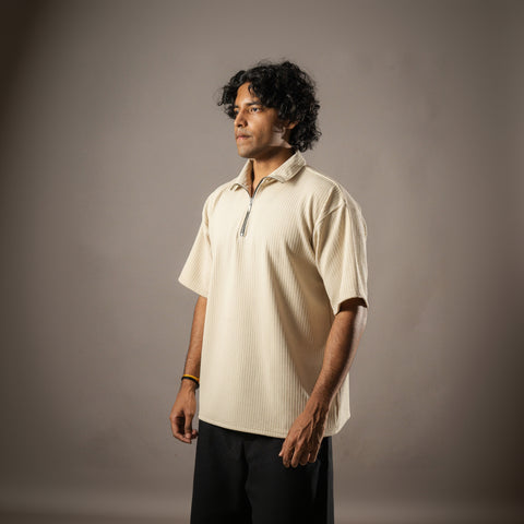 Beige Half Sleeves Quarter Zip