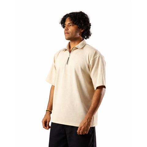 Beige Half Sleeves Quarter Zip