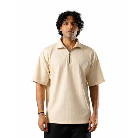 Beige Half Sleeves Quarter Zip