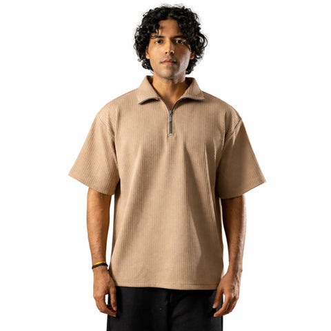 Brown Half Sleeves Quarter Zip