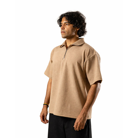 Brown Half Sleeves Quarter Zip